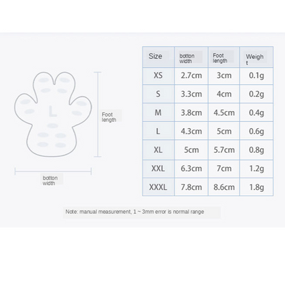 Paw grip pad size chart in centimeters, XS to 3XL
