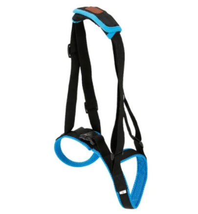 Rear lift harness with padded handle and two blue mesh leg loops
