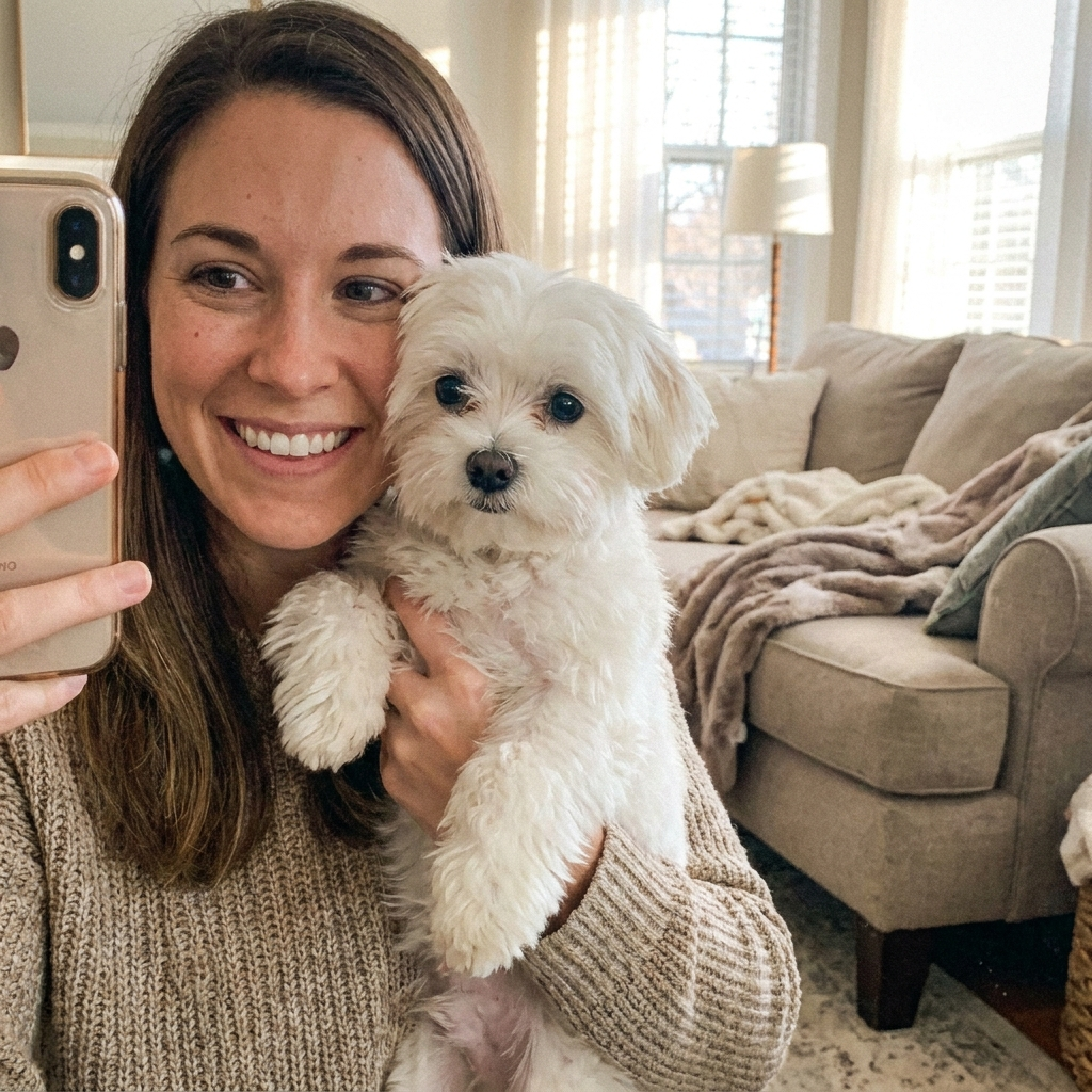 Happy PawGlow customer with her dog - bright clean eyes