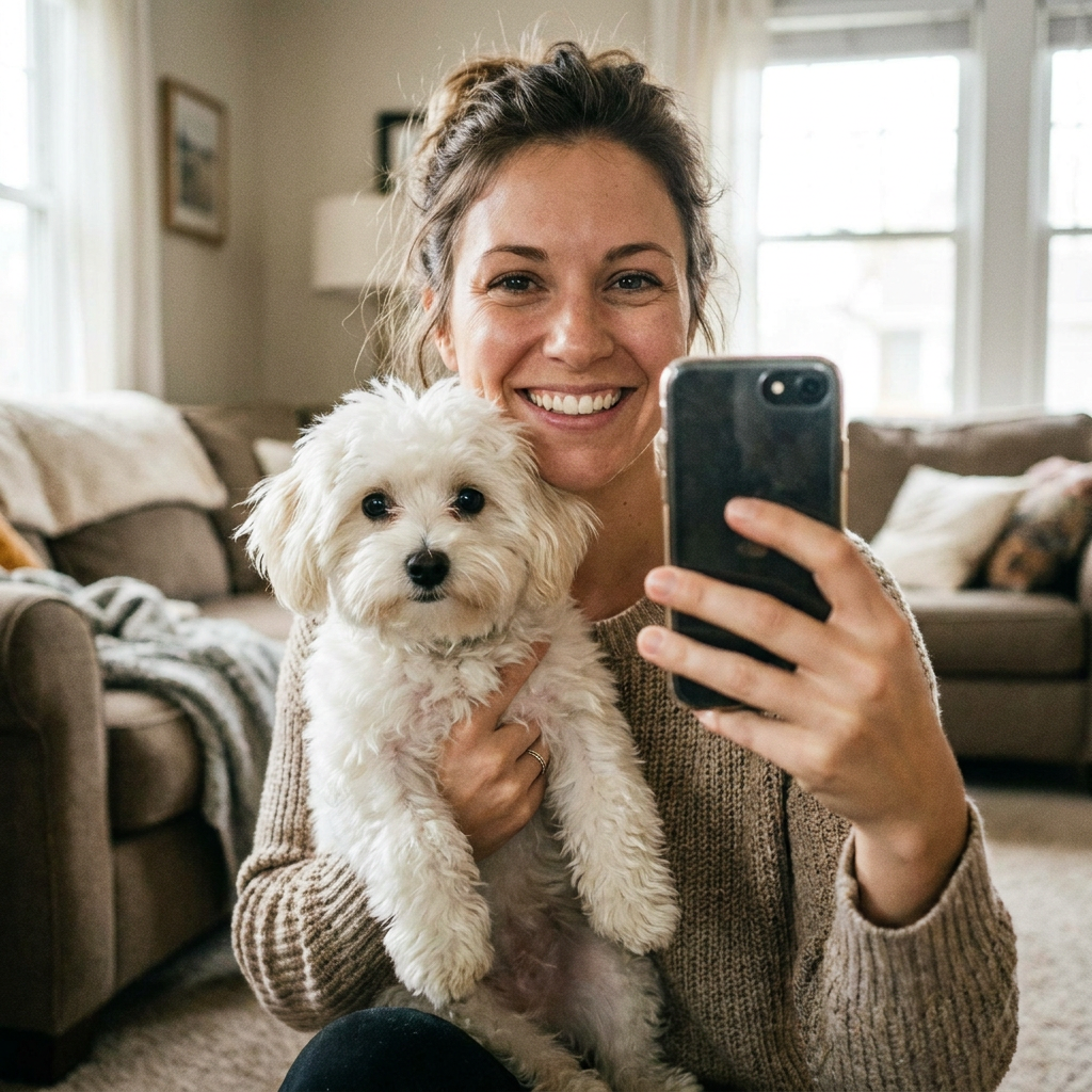 Happy PawGlow customer with her dog - bright clean eyes