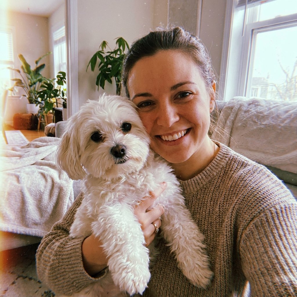 Happy PawGlow customer with her dog - bright clean eyes