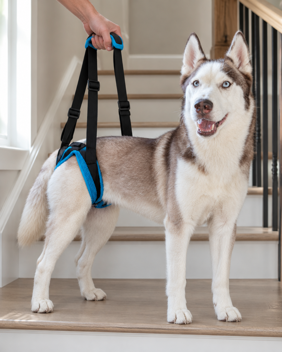 Husky Gypsy on the stairs wearing the rear lift harness, owner holding the handle (digital mockup)